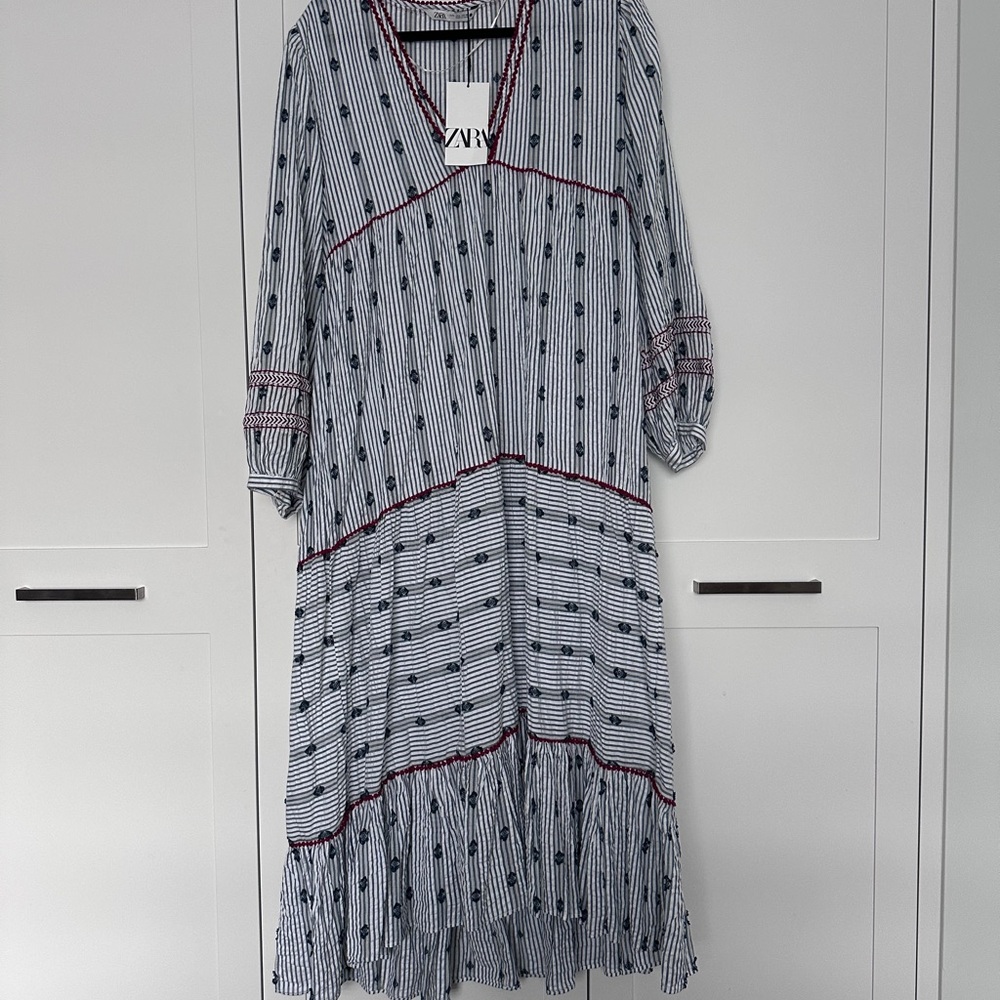 Zara Navy and White Patterned Maxi  Dress